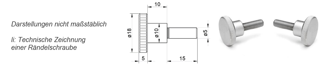 Technische Zeichnung und Fotos einer Rändelschraube